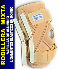 Cargar imagen en el visor de la galería, RODILLERA MIXTA MECANICA Y LIGAMENTOS CRUZADOS ABIERTA NEOPRENO OCRE TERMICO AJUSTABLE