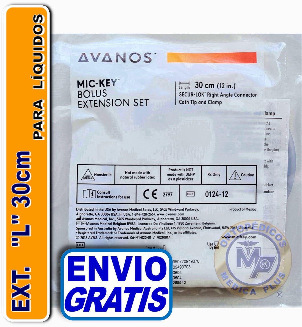EXTENSION L - 30 CM  CON PINZA MODELO 0124-12 CALIBRE DELGADO PARA LIQUIDOS COMPATIBLE CON BOTON GASTRICO DE GASTROSTOMIA AVANOS EXTENSION 0124-12