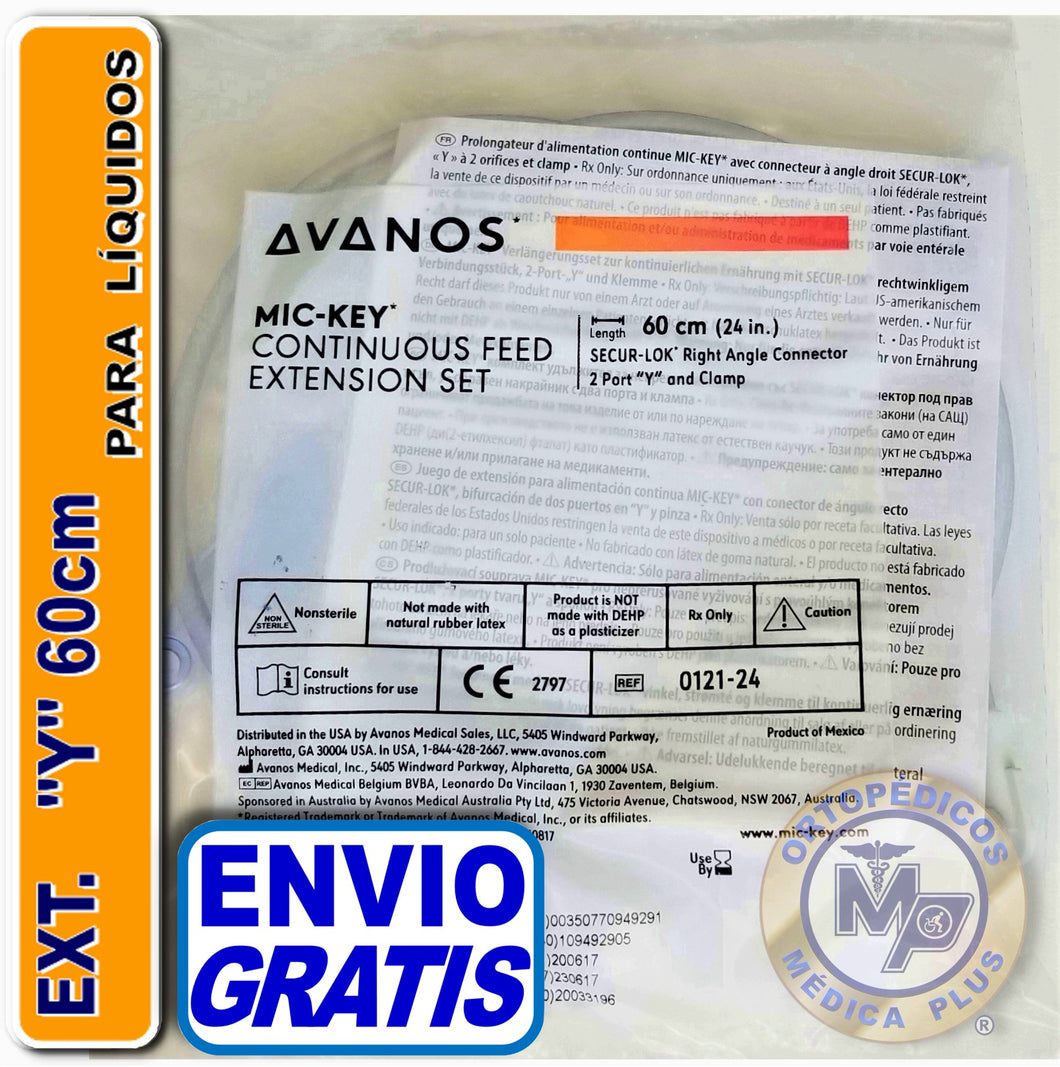 EXTENSION Y - 60 CM CON PINZA MODELO 0121-24 CALIBRE DELGADO PARA LIQUIDOS COMPATIBLE CON BOTON GASTRICO - PARA BOTON DE GASTROSTOMIA AVANOS