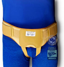 Cargar imagen en el visor de la galería, FAJA PARA HERNIA INGUINAL ELASTICO REFORZADO OCRE ALMOHADILLAS IZQUIERDA Y DERECHA HERNIA INGLE
